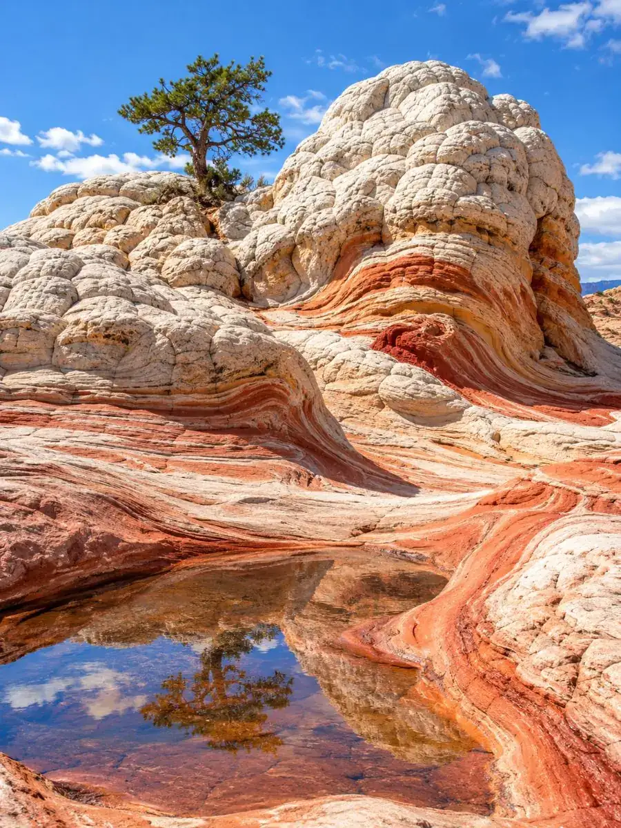Gewundener weißer, cremefarbener und roter Brain Rock bei White Pocket mit einem kleinen Regenpool, der den Himmel spiegelt
