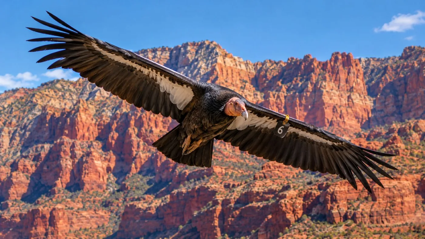 Un condor della California con un'etichetta numerata sull'ala che vola davanti a scogliere rosse