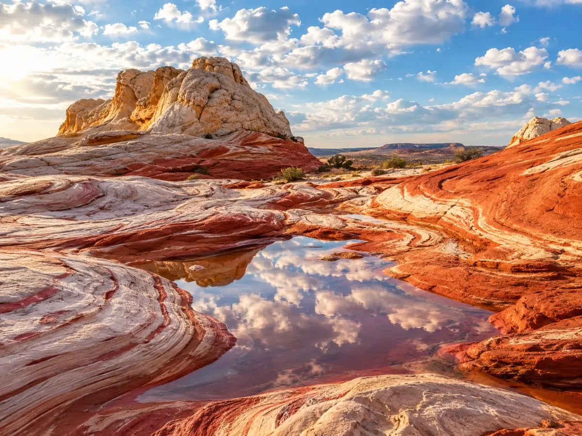 Pozze di pioggia su arenaria bianca e rossa con venature a White Pocket che riflettono le nuvole