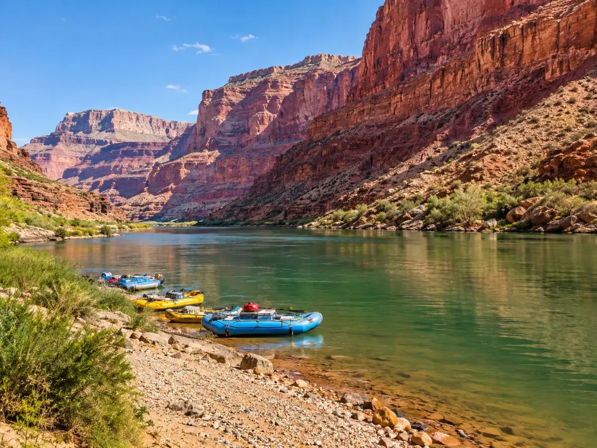 Zattere su una spiaggia di ghiaia a Lees Ferry sul verde Colorado River sotto scogliere rosse