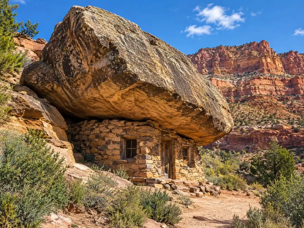 Una vecchia casa di pietra costruita sotto un enorme masso in equilibrio ai piedi delle Vermilion Cliffs